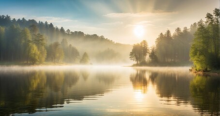 Fototapeta na wymiar A misty morning on the serene lake, with the sun peeking through the trees and casting a warm glow on the tranquil waters - Generative AI