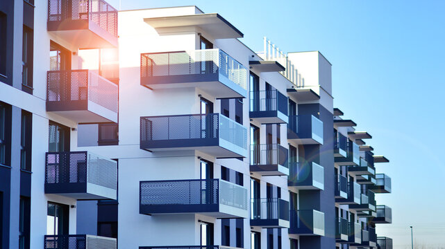 Residential area with modern apartment building. Multi Storey modern, new and stylish living block of flats.