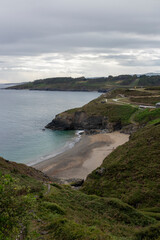 Naklejka premium a scenic view of a secluded beach, surrounded by greenery and cliffs, under a cloudy sky