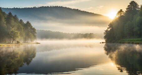 A misty morning on the serene lake, with the sun peeking through the trees and casting a warm glow on the tranquil waters - Generative AI