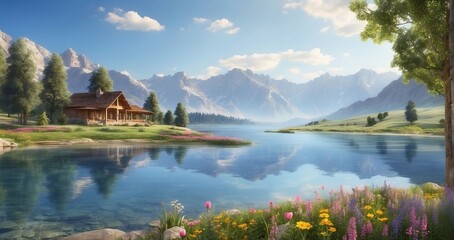 Fototapeta na wymiar A peaceful retreat by the serene lake, surrounded by towering mountains and a gentle breeze that carries the sweet scent of wildflowers - Generative AI