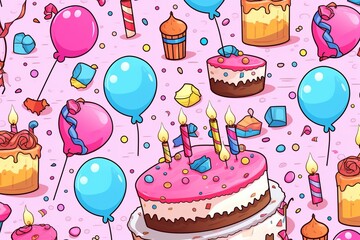 Cartoon cute doodles of birthday cake slices, confetti, and balloons creating a lively and joyful seamless pattern, Generative AI