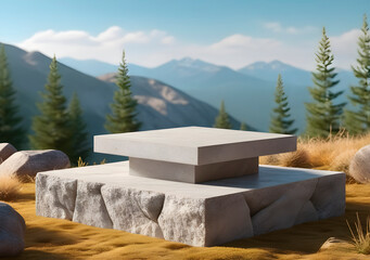 Realistic 3D Model of a Stone Podium Product Display Stand on Mountain Background. Generative AI