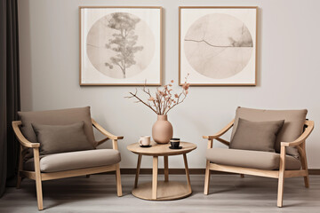 duas poltronas de madeira bege com uma pequena mesa no centro com um vaso de planta e ao fundo quadros decorativos na parede cinza claro.