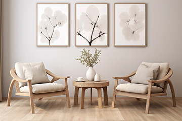 duas poltronas de madeira bege com uma pequena mesa no centro com um vaso de planta e ao fundo quadros decorativos na parede cinza claro.