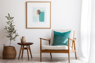Fototapeta na wymiar Cadeira de madeira com almofada nas cores turquesa em com uma mesa pequena ao lado e um quadro decorativo com uma arte abstrata na cor turquesa e parede branca - Decoração moderna natural
