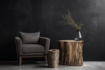 Fototapeta premium Uma poltrona preta e uma mesa pequena de madeira bruta e natural escura e ao fundo uma parede preta.