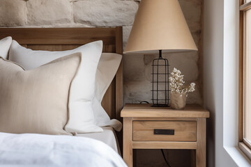 Um quarto de dormir com uma cama e uma mesa de cabeceira com um abajur em cima nas cores branco e bege - Estilo casa de fazenda  - obrazy, fototapety, plakaty