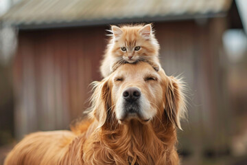 A golden retriever with a kitten on it's head, cute animal freindship