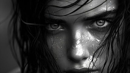 Fototapeta premium Expressive black white portrait of a young attractive girl with wet dark hair