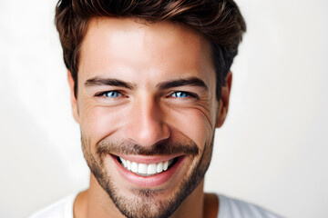 Obraz premium Handsome man laughing and smiling close up portrait. Healthy face skin care beauty, dental.