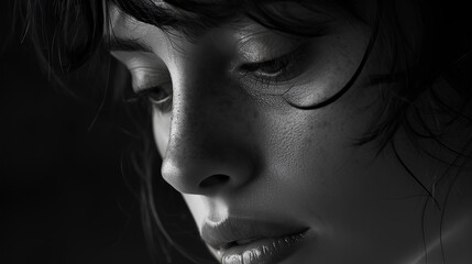Expressive black white portrait of a young attractive girl with wet dark hair
