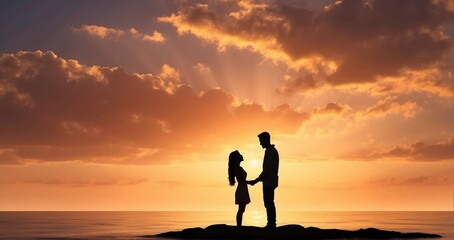 Fototapeta premium A romantic scene of a couple's silhouettes against a stunning sunset. One figure is down on one knee proposing, while the other figure stands, appearing pleasantly surprised or joyful - Generative AI
