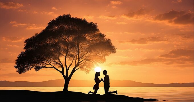 A romantic scene of a couple's silhouettes against a stunning sunset. One figure is down on one knee proposing, while the other figure stands, appearing pleasantly surprised or joyful - Generative AI