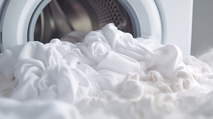 Washing machine with clothes inside, closeup. Laundry concept