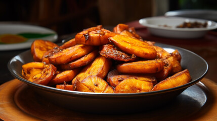 Homemade fried bananas with cinnamon in a gray plate on the table