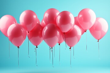 Pink Balloons Released in a Peaceful Blue Environment, on an isolated Turquoise Blue background, Generative AI.