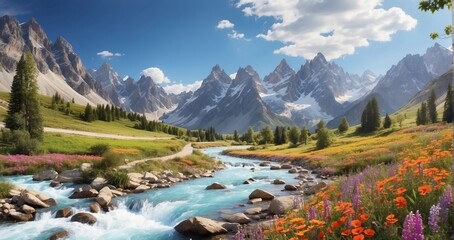 A scene featuring a winding mountain trail amidst wildflower-covered valleys, leading toward majestic peaks with a crystal-clear river flowing below. AI Generative - Generative AI