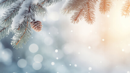 Young evergreen Christmas tree in the snow. Christmas tree. Winter screensaver