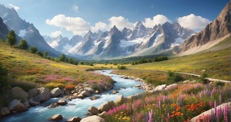 A scene featuring a winding mountain trail amidst wildflower-covered valleys, leading toward majestic peaks with a crystal-clear river flowing below. AI Generative - Generative AI