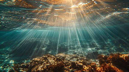 Light breaking through the surface of the water, ocean underwater view