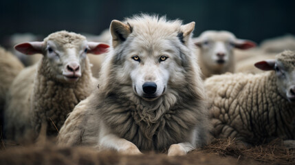 Wolf in a flock of sheep with wool clothing. Wolf pretending to be a sheep concept. - obrazy, fototapety, plakaty