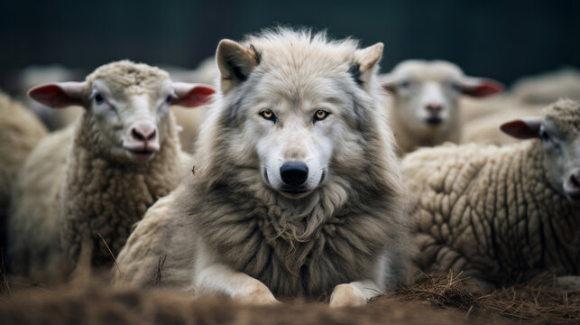 Wolf in a flock of sheep with wool clothing. Wolf pretending to be a sheep concept.