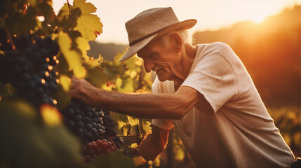 farmer grandfather collects ripe grapes grapes - obrazy, fototapety, plakaty