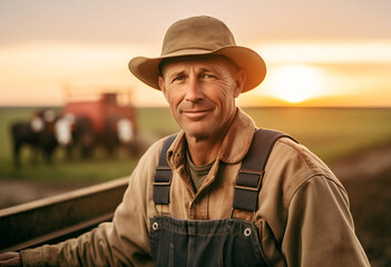 Male farmer cowboy in the field with livestock during sunset