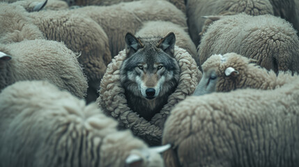 Wolf in sheep's clothing, wolf pretending to be sheep,  disguise idea - obrazy, fototapety, plakaty
