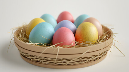 Fototapeta na wymiar A bowl of colorful chicken eggs. Easter motif. Edited AI illustration. 