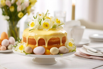 sponge cake with flowers and Easter eggs on the side - obrazy, fototapety, plakaty