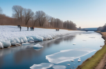people on the snowy bank of the river, ice drift