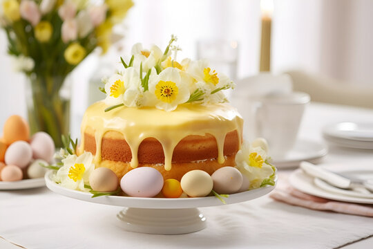 sponge cake with flowers and Easter eggs on the side