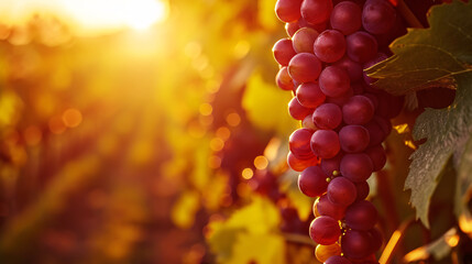 Red grapes in a vinyard close-up during sunset  - obrazy, fototapety, plakaty