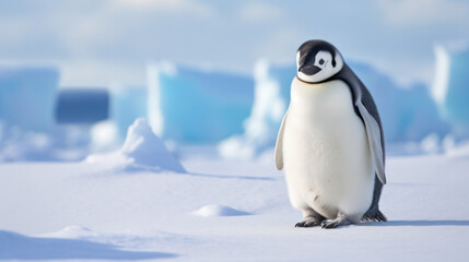 Obraz premium Emperor penguin on rocks near sea