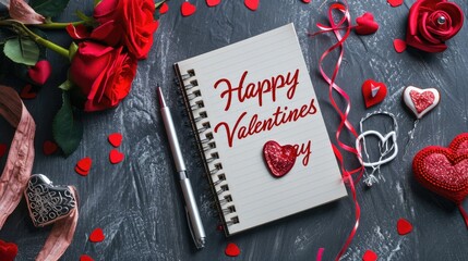 roses and notepad with drawn hearts and valentine's card  on a wooden background