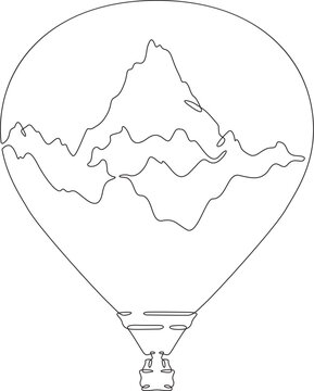 Balloon. Top of the mountain. Mountain landscape. Aerostat.Double exposure. Picture in picture.Continuous one line drawing. Lineart vector illustration.