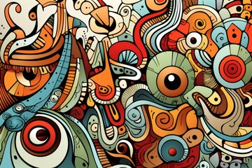 Fototapeta premium Cartoon cute doodles showcasing a detailed and surreal fusion of geometric and organic shapes in a seamless and abstract composition, Generative AI