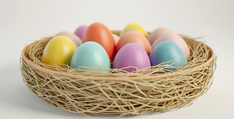 Fototapeta premium A wicker basket whit colorful chicken eggs. Easter motif. Edited AI illustration. 