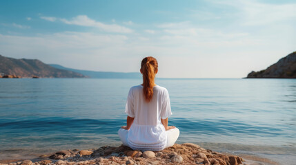 focused woman meditating in ardha padmasana (half lotus pose) on yoga mat by sea
