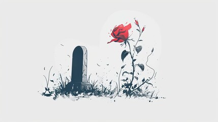Minimalist Illustration of Subtle Farewell, Depicting a Grave and a Solitary Flower on a Pure White Backdrop