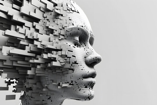 3d image of human head created from blocks in the style of futuristic digital art