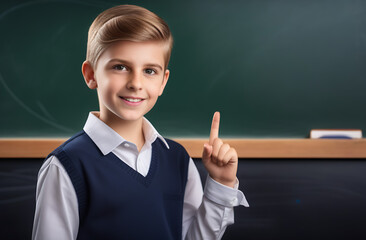 a boy at a school board in a shirt and vest raised his finger up