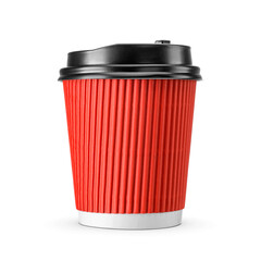 Red paper disposable coffee cup with corrugated cardboard sleeve isolated. Transparent PNG image.