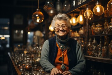 Female antique store owner with a collection of vintage treasures, Generative AI