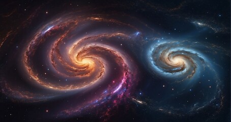 A scene depicting the collision of two galaxies, with swirling spiral arms, cosmic collisions of stars, and the formation of new celestial structures - Generative AI