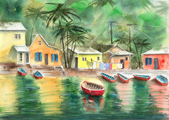  Watercolor picture of a tropical green village by the sea with colorful houses and fishing boats (This illustration was created without the use of artificial intelligence!)