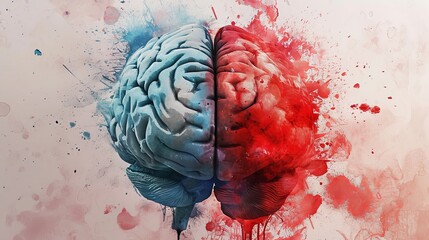 Abstract Illustration of Duality in Brain, Blue and Red Contrast, Personality War, Digital Art with Color Splashes on White Background - obrazy, fototapety, plakaty
