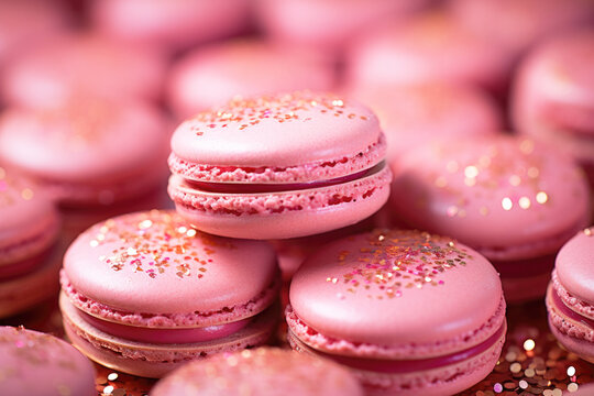 Set of pink macaroon cookies. Tasty almond cookies, french sweet delicacy. Selective focus.